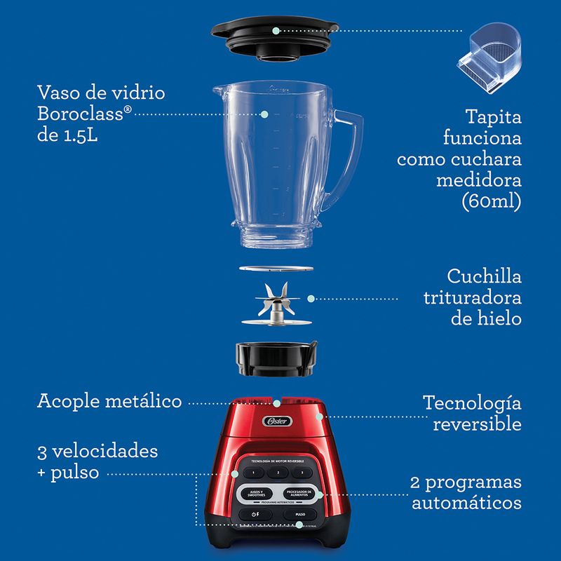 Licuadora Oster roja con programas automaticos tecnologia reversible y vaso Blend N Go BLSTPYG1310RBG